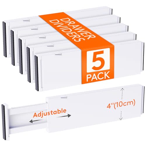 Lifewit 5 Pack Drawer Dividers Plastic 4" High, 13.5-22" Adjustable Drawer Organizers for Clothes, Expandable Dresser Separators in Bedroom/Bathroom/Kitchen/Fridge/Office Organization and Storage
