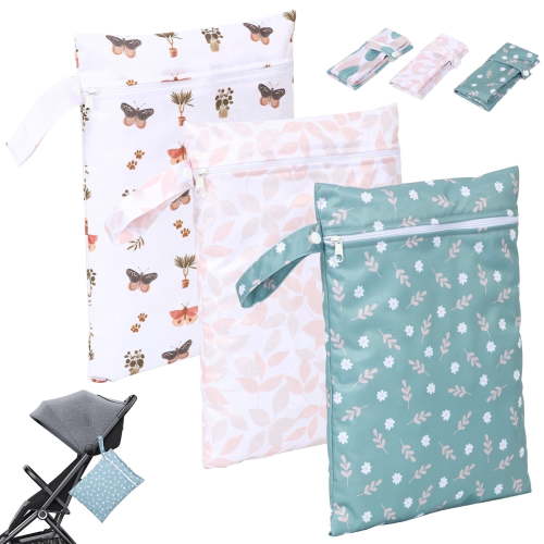 Wet Dry Bag, 3 Pack Reusable Waterproof Pouches for Cloth Diaper, Swimsuit, Gym Wear, Pump Parts, Pink Green