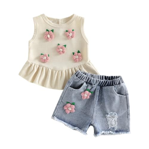 YINGISFITM Toddler Girl Clothes Baby Summer Waffle Knit Tank Top Sleeveless Shirt Jeans Shorts Floral Outfit Girls Clothing