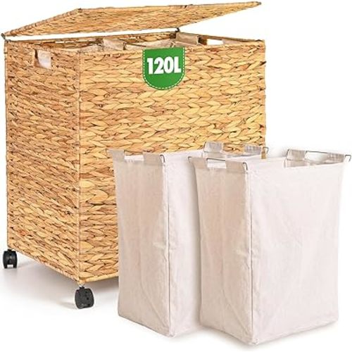Livloe Wicker Laundry Hamper 2 Sections with Lid & Wheel, 30 Gallon (120 L) Handwoven Water Hyacinth Laundry Basket with 2 Removable Liners & Handles for Bedroom Bathroom Laundry Room Natural