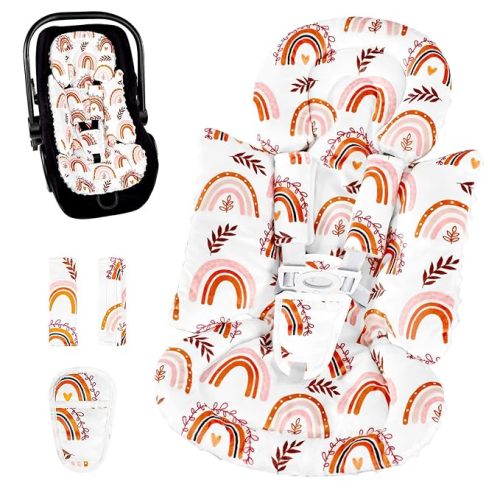 Pea Pod Infant Car Seat Insert with 3 Strap Covers, 3 in 1 Reversible Rainbow Baby Car Seat Head Support for Newborn, 3D Soft Minky Carseat Cushion for Preemie to Infant, Stroller, Swing, Bouncer