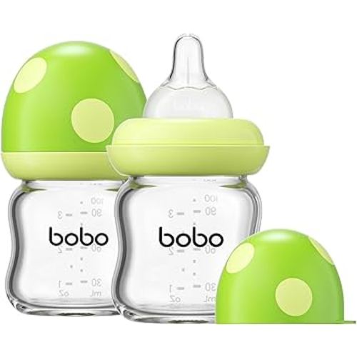 YOHKOH Natural Glass Baby Bottle with Natural Response Nipple, Newborn Anti-Colic Baby Bottles, Wide Neck Mushroom Cap Baby Bottle, Clear (Green, 3.4oz (Pack of 2))