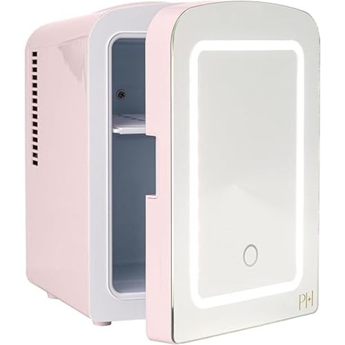 Paris Hilton Mini Refrigerator and Personal Beauty Fridge, Mirrored Door with Dimmable LED Light, Thermoelectric Cooling and Warming Function for All Cosmetics and Skincare Needs, 4-Liter, Pink