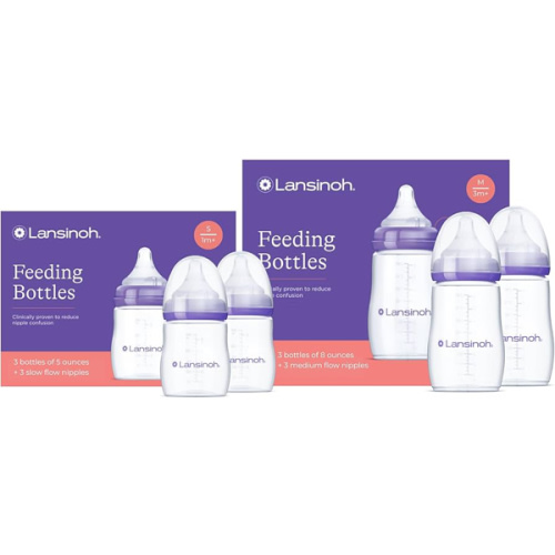 Lansinoh NaturalWave Newborn Gift Set – 3 Anti‑Colic 5 oz Bottles with S‑Flow Nipples + 3 Breastfeeding 8 oz Bottles with M‑Flow Nipples (6 Pack)