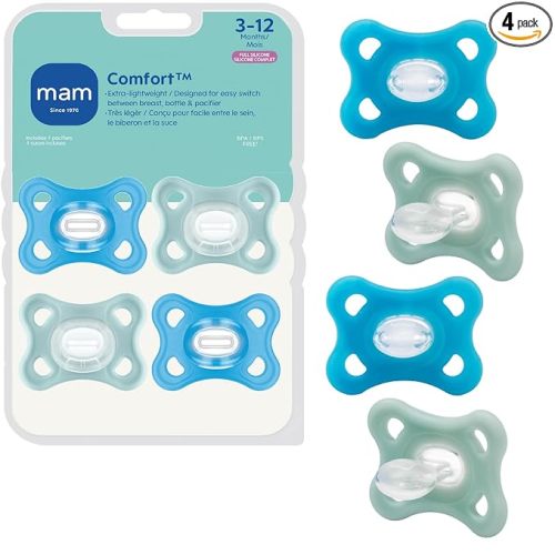 MAM Comfort Baby Pacifiers 3-12 Months Babies, Lightweight One-Piece Full Silicone Binky, BPA-Free Nipple, Easy to Clean Pacifier, Best for Breastfed Babies, 4 Count, Made in Europe
