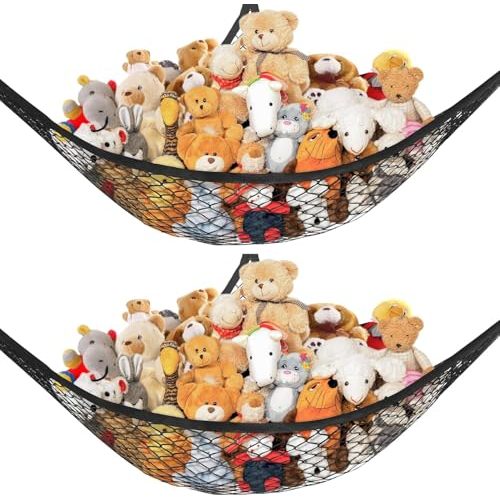 Lazebox Stuffed Animal Net Hammock for Plushie Toys, Stuffed Animal Hammock Corner for Kids' Room Decor, Ideas for Organizing Stuffy Collection, Black, L (67" x 40" x 40")-Pack of 2