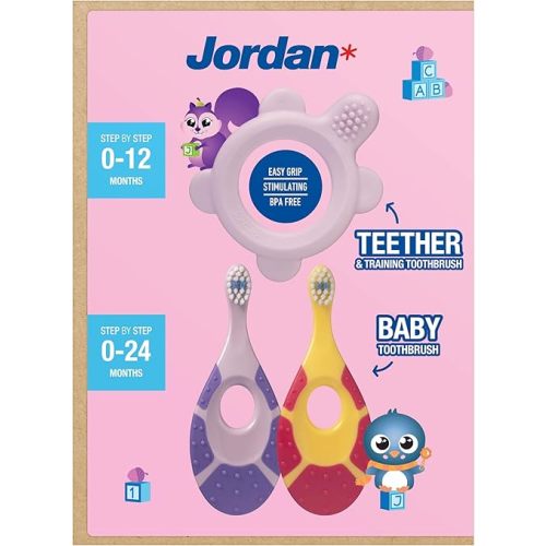 Jordan* ® | Step 0 Teether & Training Toothbrush | BPA-Free, Hygienic, 2-in-1 Teething & Early Brushing Solution for Babies | Pink | 1 Teether + 2 Step 1 Baby Toothbrush