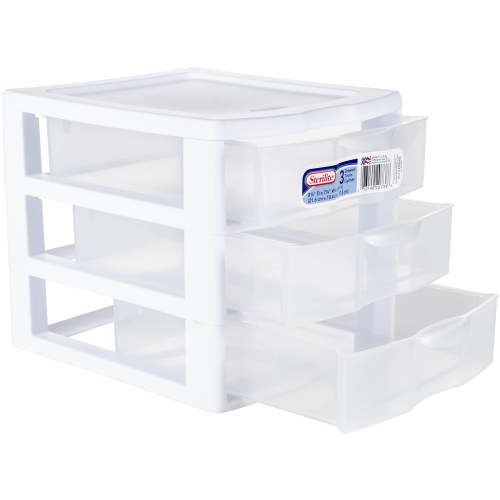 Sterilite Small 3 Drawer Unit, Clear Plastic Countertop or Desktop Drawers, White