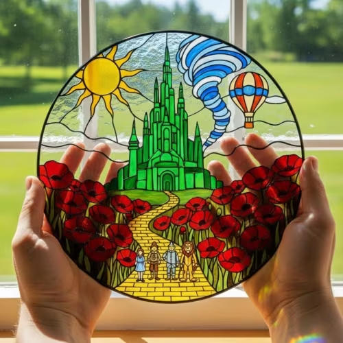 Wizard of Oz Stained Glass Suncatcher, Emerald City Yellow Brick Road, Emerald City Suncatcher, Wizard Of Oz Gift, Wicked Emerald City Decor