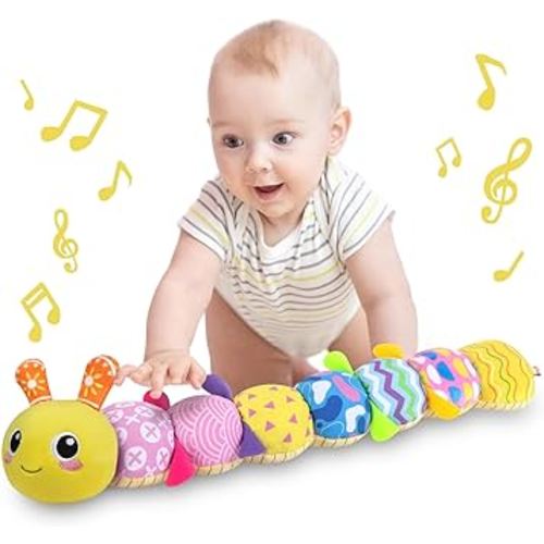 KMUYSL Baby Toys 0-12 Months, Musical Animal Stuffed Toy with Crinkle, Rattles & Lullaby, Plush Toy for Infant Newborn, Yellow Fabric Cotton