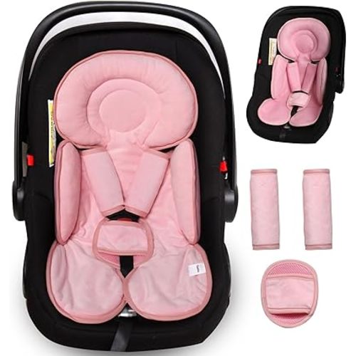 Infant Car Seat Insert for Newborn Girls Boys, 3 in 1 Reversible Cushion for Carseat with Strap Pads Buckle Cover Extra Soft Carseat Support Pad for All Season, Pink