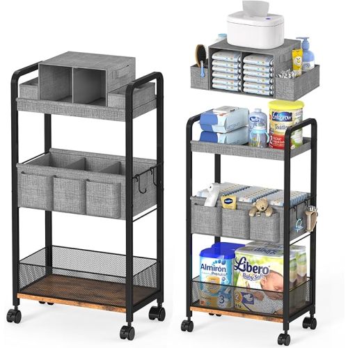 2In1 Baby Diaper Caddy & 3-Tier Rolling Diaper Cart, Caddy Organizer Cart with Dividers, Mobile Metal Bedside Carts for Baby Essentials, Rolling Carts for Newborn Nursery with Wheels, Large Capacity