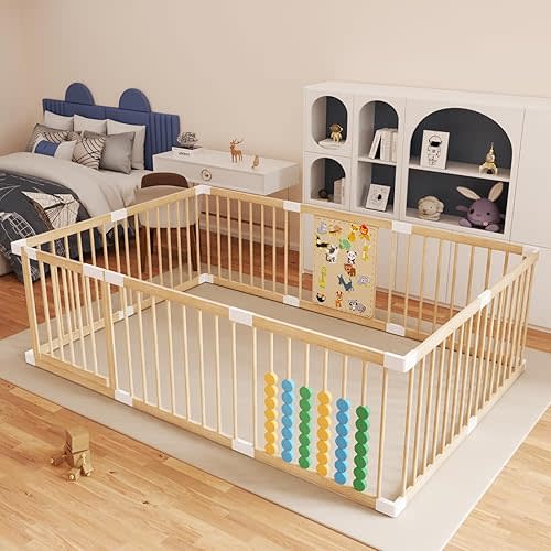 Wooden Baby Playpen,Adjustable Wooden Babies Play Pen,Portable Fence for Babies,Baby Playard Area Indoor,Easy to Assemble and Clean Toys Fence, Non-Collapsible(78x53x24 Inch)