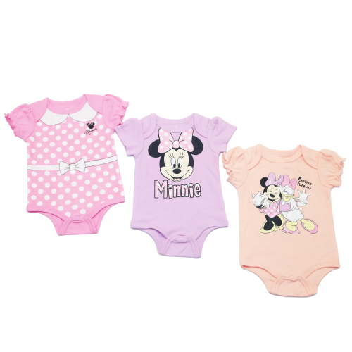 Disney Clothes Baby Girls 3-Pack Bodysuits – Minnie Mouse Short Sleeve Outfit Set (Pink/Purple) – 3/6M