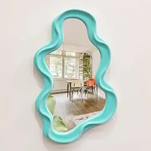 Wall Mirror Home Office Decor, Irregular Wall-Mounted Decorative Mirrors for Modern Apartment Bedroom Laundry Room Decoration, Hanging Wall Art Above TV Desk Table Decor (Turquoise Blue)