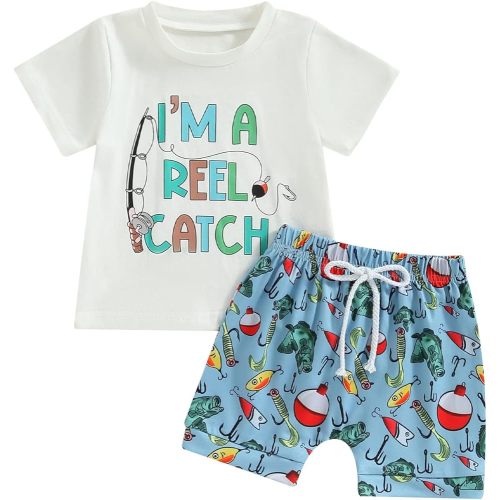 Kupretty Baby Boy Clothes Toddler Summer Outfit Fishing T-Shirt Tees Shirt + Shorts 6 12 18 24 Months 2T 3T Clothing Set (Fish Shorts Set Blue, 6-12 Months)