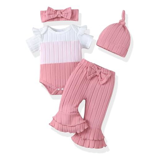 Renotemy Preemie Newborn Baby Girl Clothes Infant Short Sleeve Romper Summer Outfits Gifts for Girls Bell Bottoms Pants Set