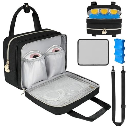 Wearable Breast Pump Bag with Cooler Compartment Compatible with Momcozy M5/S12 Pro, Elvie & Medela Pump in Style, Carrying Case with a Ice Pack & Waterproof Mat for Breast Pump and Accessories, Black