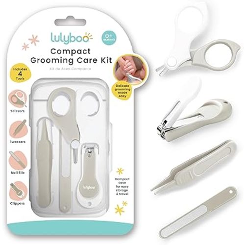 Lulyboo 4-in-1 Newborn Grooming Kit with Travel Compact Case, Baby Nail Clipper, Rounded Tip Scissors, Nail File & Tweezers, Stainless Steel, BPA-Free, Wipe-Clean, Teal Finish
