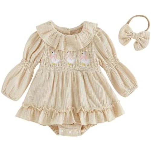 Fall Baby Girl Clothes Smocked Outfit Cotton Linen Romper Dress
