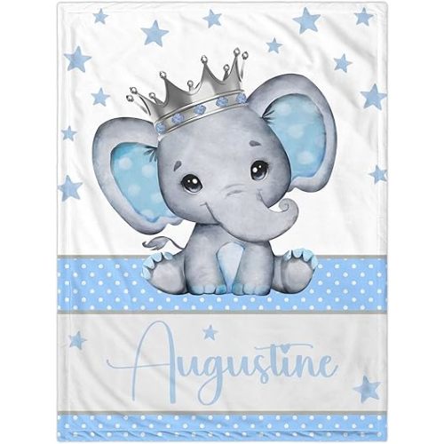 Personalized Baby Blanket for Boys, Custom Baby Blanket with Name Super Soft Personalized Name Blankets for Kids, Custom Elephant Blankets for Infant Toddler, Babys Gifts for Birthday