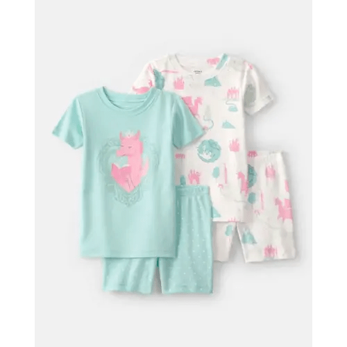 Baby Girl 4-Piece Fairy Tale Dragon 100% Cotton Short-Sleeve Snug Fit Pajama Set - Blue/Ivory | Carter's