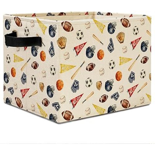 Sports Nursery Decor Storage Bins, Baseball Basketball Football Soccer Sports Collapsible Storage Basket Organizer for Boys Bedroom Bathroom Clothes Toys Books, Toybox for Boys