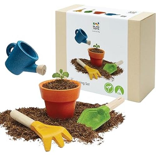 PlanToys® Wooden Gardening Set | Montessori Pretend Play Tools for Outdoor Exploration and Practical Life Skills | Eco Friendly Garden Play Kit for Creative Nature Inspired Play