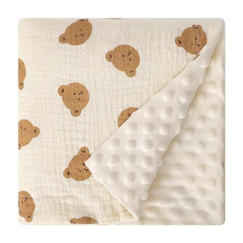 Knirose Fluffy-Backed Swaddle Blankets Baby Double Layer Muslin 100% Cotton Front Nursery Plush Dotted Fleece Back Receiving Bed Quilt Blanket for Unisex Newborn Baby Toddler Boys Girls 30 x 41 Inches