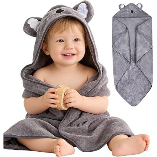Hooded Baby Towel, Premium Soft Coral Fleece Baby Towel for Newborns, Toddlers, Infant- 31.5 x 31.5 in Absorbent Natural Baby Stuff Towel with Hood for Boy and Girl (Gray Koala)