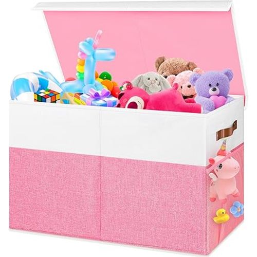Large Toy Box, Collapsible Sturdy Storage Organize Chest Boxes With Lids, 25"x13"x16" Kids Toy Chest Bin Baskets for Living Room, Bedroom, Nursery, White & Pink