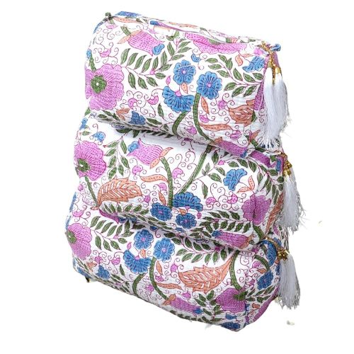 INDACORIFY Cotton Set of 3 Pieces Quilted Bag Shaving Kit Indian Toiletry Bags Floral Print Storage Cosmetic