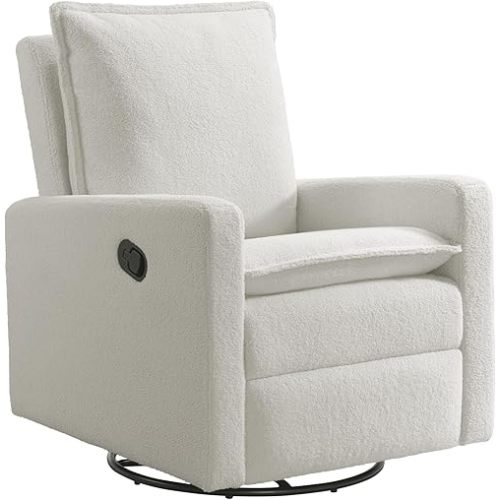 Oxford Baby Uptown Manual Upholstered Glider Recliner Rocking Chair 360° Swivel for Nursery and Living Room – Boucle White