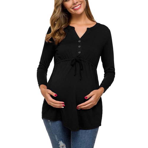 YanHong Nursing Tops for Breastfeeding on Built-in Bra V-Neck Long Sleeve Bandage Solid Color Breast-Feeding Pregnant Nursing Blouse Tops Black M