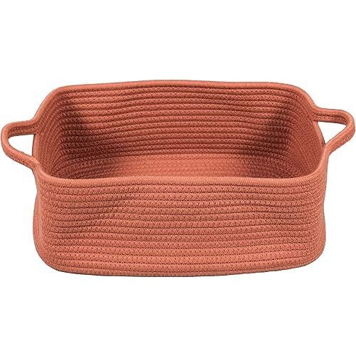 Woven Cotton Rope Storage Basket with Handles for Organizing Shelves Closet Small Cat Dog Pet Toy Baskets Box Bin Decorative Rectangle Baby Nursery basket Gift Basket Empty (rust)