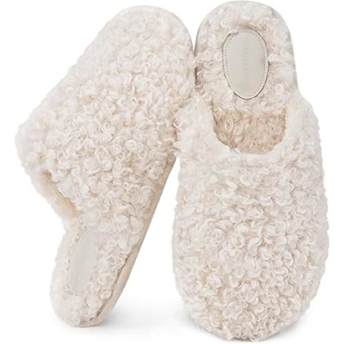 Snug Leaves Women's Scuff Slippers Furry Cute Curly Faux Wool Slip-on Indoor Memory Foam House Shoes