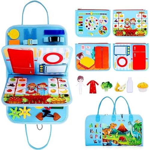 Guolely Busy Board Montessori Toys, Preschool Learning Activities Educational Toy - Busy Book Travel Sensory Toy for 1-6 Year Old Toddlers,Boys & Girls & Autistic (Sky-Blue Dinosaurs)