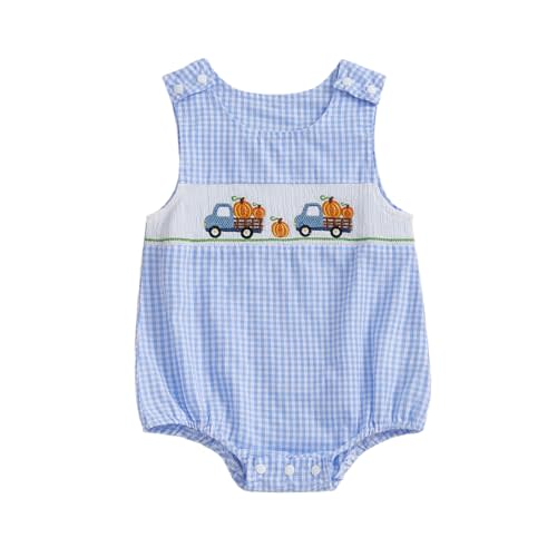 KtwHarnu Newborn Baby Boy Halloween Clothes Pumpkin Tractor/Truck Smocked Bubble Romper Sleeveless Plaid Overall Bodysuit