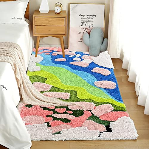 LEVINIS Floral Moss Area Rugs for Girls Soft Shag Bedroom Rug Non Slip Cozy Plush Floor Mat Throw Rug for Kids Bedroom Decoration 55''×27''
