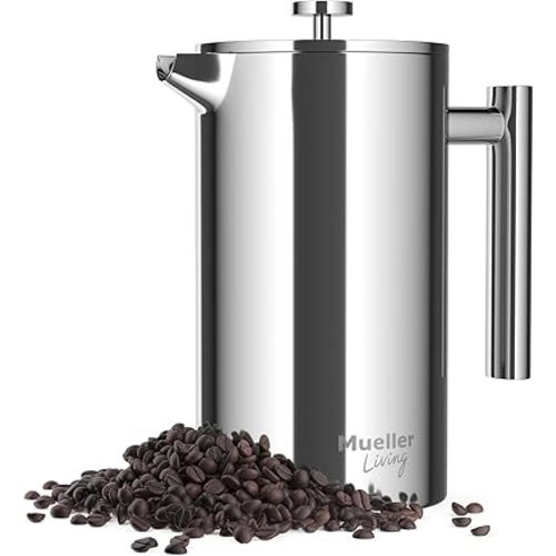 MuellerLiving French Press Coffee Maker 34oz, Stainless Steel French Press Coffee, 4 Filter Heat Resistant Double Insulated, Rust-Free, Food Grade, Dishwasher Safe Coffee Pot | 34oz | Stainless Steel | 4 Filter Heat Resistant Double Insulated | Rust-Free