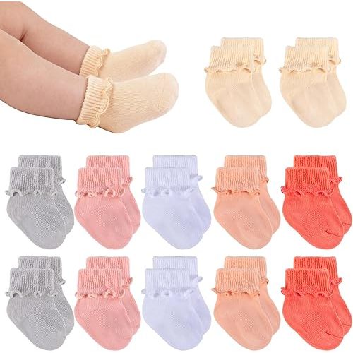 12 Pairs Newborn Baby Socks Ruffle Turn Cuff Cotton Non-slip Soft Warm Ankle Socks for Infant Girls Boys Hospital Nicu Preemie 0-3 Months