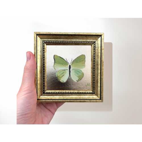Green Butterfly Painting on Gold Leaf: 4x4 Inch Vintage Wall Art, Gift for Her