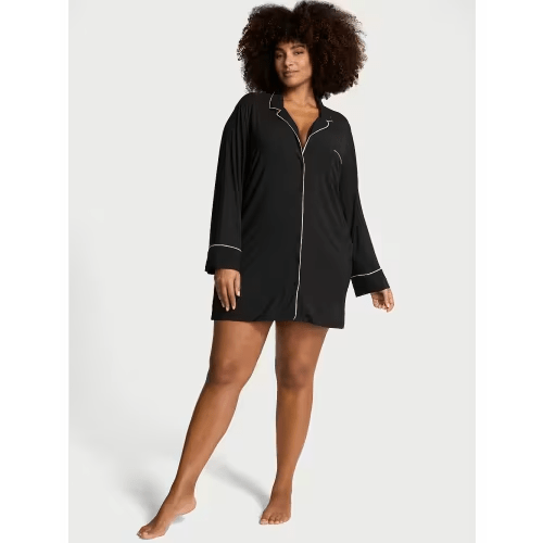 Modal Soft Button-Front Sleepshirt - Black