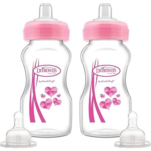 Dr. Brown's Wide-Neck Options Baby Bottles, 2-in-1 Transition Bottle Kit, 9 ounce, Pink, 2 Count