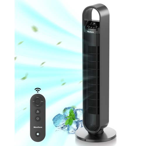 MaxKare 36in High Height Cold Breeze Oscillating Tower Fan with Remote Control, 3 Speeds & Modes, Timer - Metal Gray