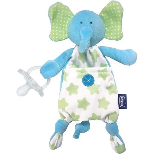 Chicco Pocket Buddies Soft Pacifier Holder-Lovey, Soothing Plush Toy Animal 0m+, Elephant