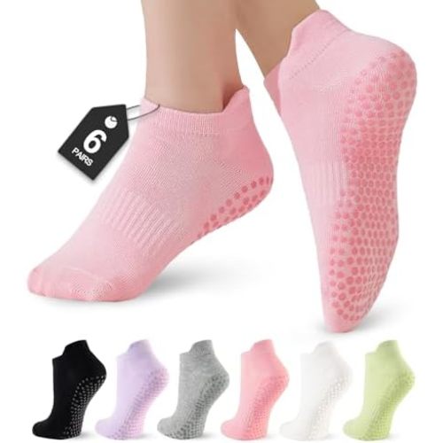 6 Pairs Pilates Socks for Women, Grip Yoga Crew Socks, Non Slip Grippy for Barre, Ballet, Dance & Hospital
