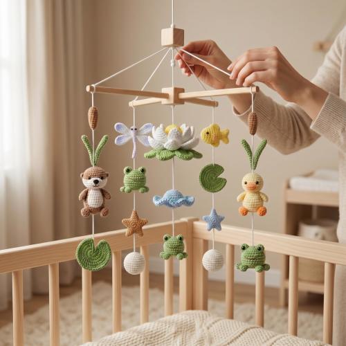 Handmade Baby Mobile, Crochet Woodland Pond Crib Mobile with Frog, Duck & Nature Theme, Nursery Decor, Custom Baby Gift