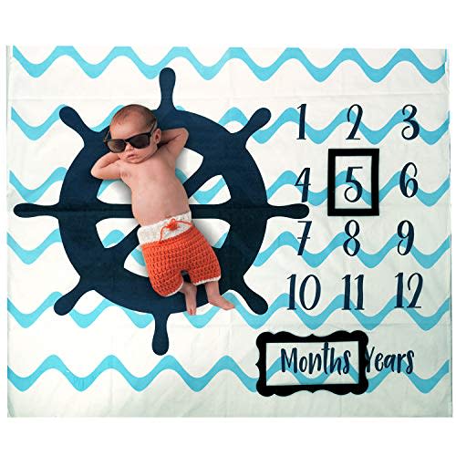 PAMBO Baby Monthly Milestone Photo Blanket | Month Baby Blanket for Pictures- Nautical