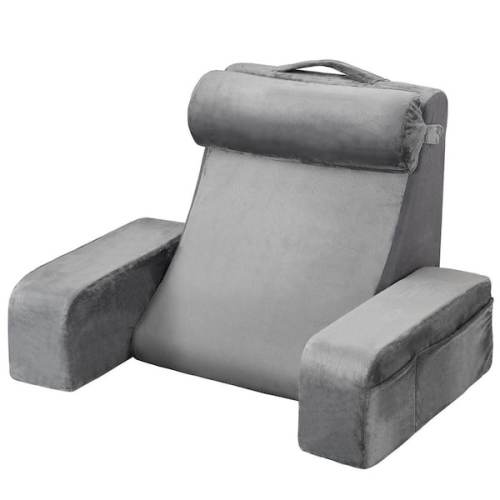 Reading Pillow, Backrest Support Pillow with Arm and 3 Pockets, 28 x 25in. Large Size Bed Pillow Gray